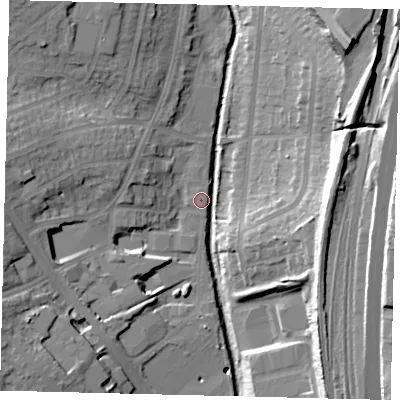 Shaded relief map of the ground around NW96QD, computed from Environment Agency LiDAR. The ground here sits at about 40 m above sea level and falls 26 m across the surrounding 800 m. Surface water reaching this point runs off ground lying to the west-south-west, 14.6 m higher.