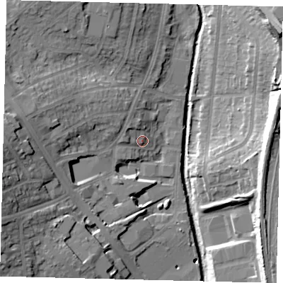 Shaded relief map of the ground around NW96QJ, computed from Environment Agency LiDAR. The ground here sits at about 43 m above sea level and falls 26 m across the surrounding 800 m. Surface water reaching this point runs off ground lying to the north-west, 4.0 m higher.