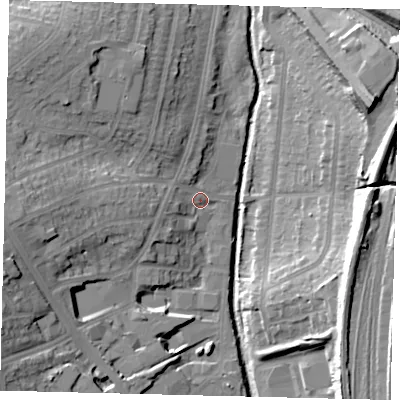 Shaded relief map of the ground around NW96RA, computed from Environment Agency LiDAR. The ground here sits at about 41 m above sea level and falls 24 m across the surrounding 800 m. Surface water reaching this point runs off ground lying to the west, 13.9 m higher.