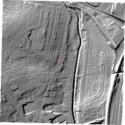 Shaded relief map of the ground around NW96RB, computed from Environment Agency LiDAR. The ground here sits at about 43 m above sea level and falls 23 m across the surrounding 800 m. Surface water reaching this point runs off ground lying to the west, 2.9 m higher.