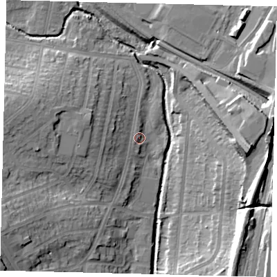 Shaded relief map of the ground around NW96RD, computed from Environment Agency LiDAR. The ground here sits at about 42 m above sea level and falls 23 m across the surrounding 800 m. Surface water reaching this point runs off ground lying to the west, 6.5 m higher.