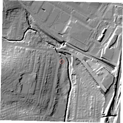 Shaded relief map of the ground around NW96RE, computed from Environment Agency LiDAR. The ground here sits at about 40 m above sea level and falls 23 m across the surrounding 800 m. Surface water reaching this point runs off ground lying to the south-south-west, 2.1 m higher.