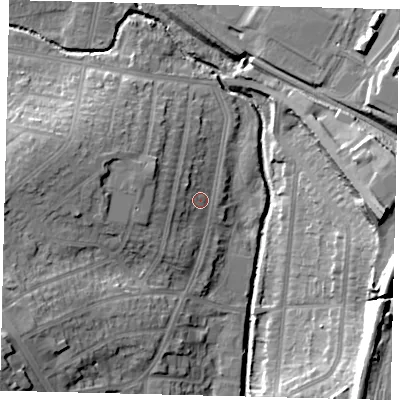 Shaded relief map of the ground around NW96RG, computed from Environment Agency LiDAR. The ground here sits at about 43 m above sea level and falls 23 m across the surrounding 800 m. Surface water reaching this point runs off ground lying to the west, 6.5 m higher.