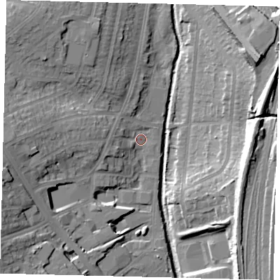 Shaded relief map of the ground around NW96RJ, computed from Environment Agency LiDAR. The ground here sits at about 40 m above sea level and falls 24 m across the surrounding 800 m. Surface water reaching this point runs off ground lying to the west, 13.9 m higher.