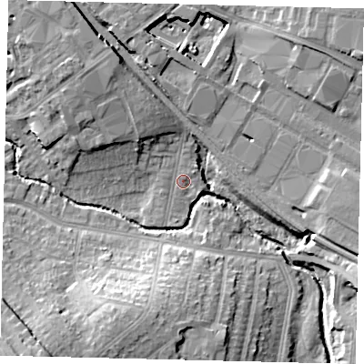 Shaded relief map of the ground around NW96RY, computed from Environment Agency LiDAR. The ground here sits at about 42 m above sea level and falls 18 m across the surrounding 800 m. Surface water reaching this point runs off ground lying to the north-west, 6.1 m higher.