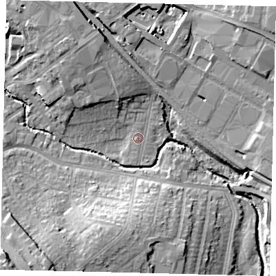 Shaded relief map of the ground around NW96RZ, computed from Environment Agency LiDAR. The ground here sits at about 42 m above sea level and falls 23 m across the surrounding 800 m. Surface water reaching this point runs off ground lying to the north-north-west, 6.5 m higher.