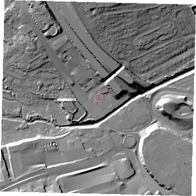 Shaded relief map of the ground around NW97BW, computed from Environment Agency LiDAR. The ground here sits at about 40 m above sea level and falls 22 m across the surrounding 800 m. Surface water reaching this point runs off ground lying to the north-north-west, 17.5 m higher.
