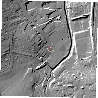 Shaded relief map of the ground around NW97BY, computed from Environment Agency LiDAR. The ground here sits at about 41 m above sea level and falls 24 m across the surrounding 800 m. Surface water reaching this point runs off ground lying to the north-west, 17.9 m higher.