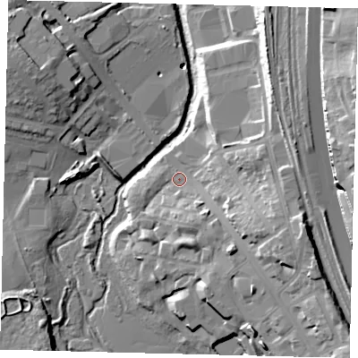 Shaded relief map of the ground around NW97DN, computed from Environment Agency LiDAR. The ground here sits at about 41 m above sea level and falls 27 m across the surrounding 800 m. Surface water reaching this point runs off ground lying to the east-south-east, 16.5 m higher.