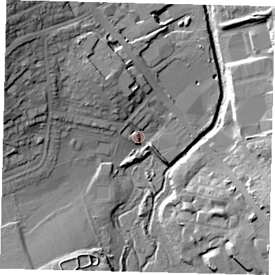 Shaded relief map of the ground around NW97EZ, computed from Environment Agency LiDAR. The ground here sits at about 41 m above sea level and falls 27 m across the surrounding 800 m. Surface water reaching this point runs off ground lying to the north-west, 3.2 m higher.