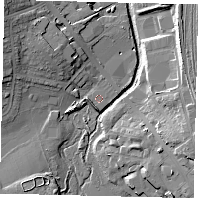 Shaded relief map of the ground around NW97TH, computed from Environment Agency LiDAR. The ground here sits at about 40 m above sea level and falls 22 m across the surrounding 800 m. Surface water reaching this point runs off ground lying to the south-south-west, 2.5 m higher.