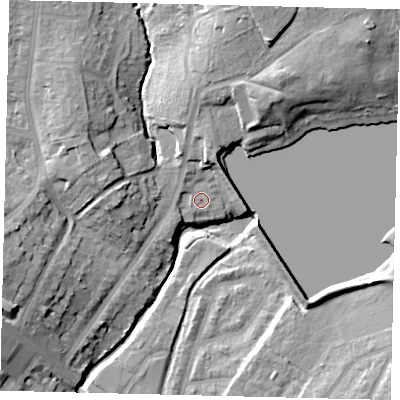 Shaded relief map of the ground around NW98RX, computed from Environment Agency LiDAR. The ground here sits at about 33 m above sea level and falls 20 m across the surrounding 800 m. Surface water reaching this point runs off ground lying to the north, 7.3 m higher.