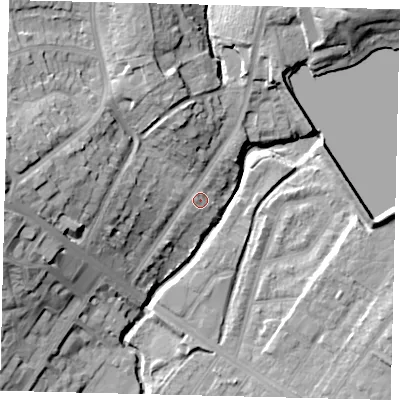 Shaded relief map of the ground around NW98SA, computed from Environment Agency LiDAR. The ground here sits at about 32 m above sea level and falls 22 m across the surrounding 800 m. Surface water reaching this point runs off ground lying to the west, 17.8 m higher.