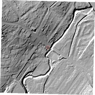 Shaded relief map of the ground around NW98SB, computed from Environment Agency LiDAR. The ground here sits at about 32 m above sea level and falls 29 m across the surrounding 800 m. Surface water reaching this point runs off ground lying to the north-west, 25.6 m higher.