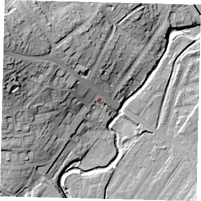 Shaded relief map of the ground around NW98SD, computed from Environment Agency LiDAR. The ground here sits at about 34 m above sea level and falls 30 m across the surrounding 800 m. Surface water reaching this point runs off ground lying to the west-north-west, 24.5 m higher.