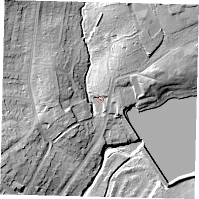 Shaded relief map of the ground around NW98SE, computed from Environment Agency LiDAR. The ground here sits at about 35 m above sea level and falls 22 m across the surrounding 800 m. Surface water reaching this point runs off ground lying to the east-north-east, 5.2 m higher.
