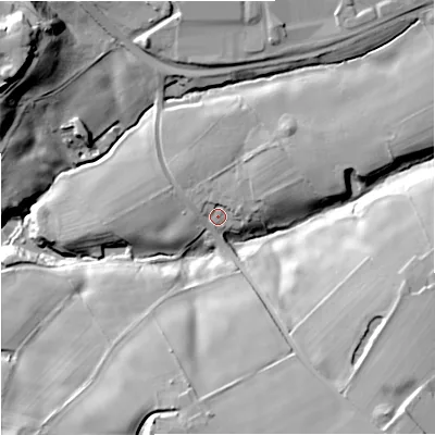 Shaded relief map of the ground around OL102RF, computed from Environment Agency LiDAR. The ground here sits at about 110 m above sea level and falls 36 m across the surrounding 800 m. Surface water reaching this point runs off ground lying to the east-north-east, 6.6 m higher.