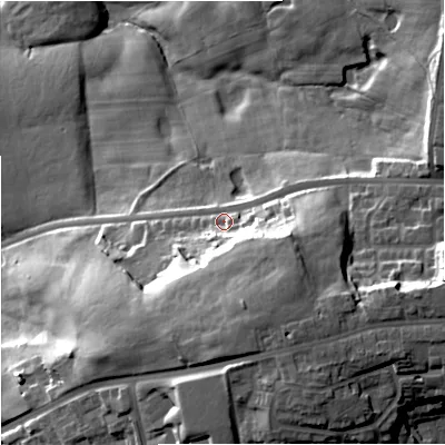 Shaded relief map of the ground around OL103JY, computed from Environment Agency LiDAR. The ground here sits at about 124 m above sea level and falls 42 m across the surrounding 800 m. Surface water reaching this point runs off ground lying to the south-south-east, 20.6 m higher.