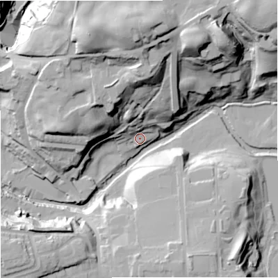 Shaded relief map of the ground around OL104AL, computed from Environment Agency LiDAR. The ground here sits at about 100 m above sea level and falls 49 m across the surrounding 800 m. Surface water reaching this point runs off ground lying to the north-north-east, 38.8 m higher.