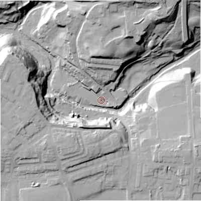 Shaded relief map of the ground around OL104AP, computed from Environment Agency LiDAR. The ground here sits at about 98 m above sea level and falls 41 m across the surrounding 800 m. Surface water reaching this point runs off ground lying to the north, 26.9 m higher.