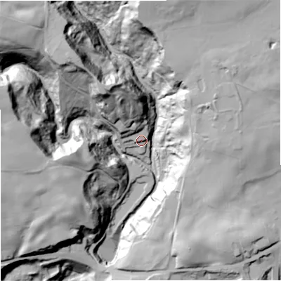 Shaded relief map of the ground around OL104BD, computed from Environment Agency LiDAR. The ground here sits at about 110 m above sea level and falls 64 m across the surrounding 800 m. Surface water reaching this point runs off ground lying to the north-west, 63.4 m higher.