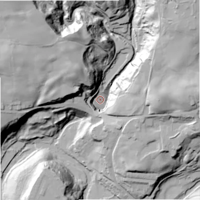 Shaded relief map of the ground around OL104BE, computed from Environment Agency LiDAR. The ground here sits at about 99 m above sea level and falls 62 m across the surrounding 800 m. Surface water reaching this point runs off ground lying to the north-west, 55.3 m higher.