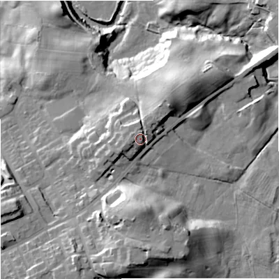 Shaded relief map of the ground around OL104DJ, computed from Environment Agency LiDAR. The ground here sits at about 126 m above sea level and falls 39 m across the surrounding 800 m. Surface water reaching this point runs off ground lying to the west-north-west, 4.9 m higher.