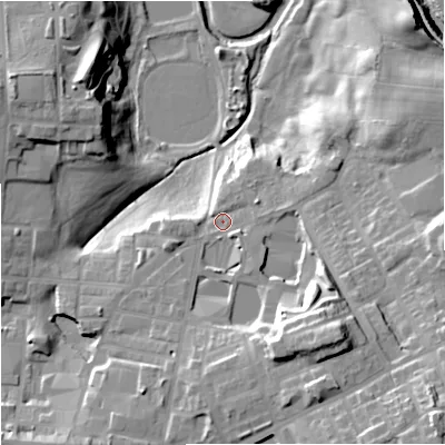 Shaded relief map of the ground around OL104HT, computed from Environment Agency LiDAR. The ground here sits at about 109 m above sea level and falls 32 m across the surrounding 800 m. Surface water reaching this point runs off ground lying to the south-east, 16.2 m higher.