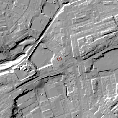 Shaded relief map of the ground around OL111BB, computed from Environment Agency LiDAR. The ground here sits at about 141 m above sea level and falls 24 m across the surrounding 800 m. Surface water reaching this point runs off ground lying to the east-north-east, 3.2 m higher.