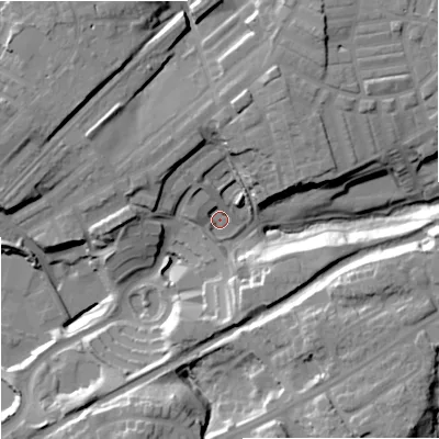 Shaded relief map of the ground around OL111LQ, computed from Environment Agency LiDAR. The ground here sits at about 132 m above sea level and falls 25 m across the surrounding 800 m. Surface water reaching this point runs off ground lying to the north-north-west, 10.6 m higher.