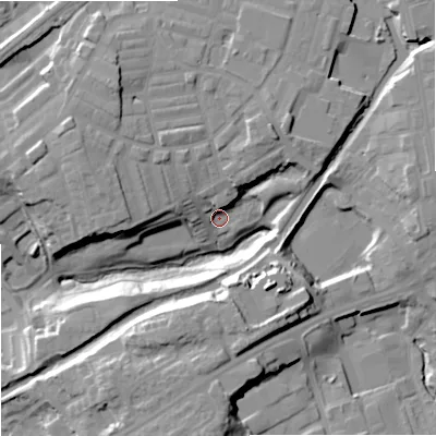 Shaded relief map of the ground around OL111NG, computed from Environment Agency LiDAR. The ground here sits at about 135 m above sea level and falls 22 m across the surrounding 800 m. Surface water reaching this point runs off ground lying to the north-west, 12.7 m higher.