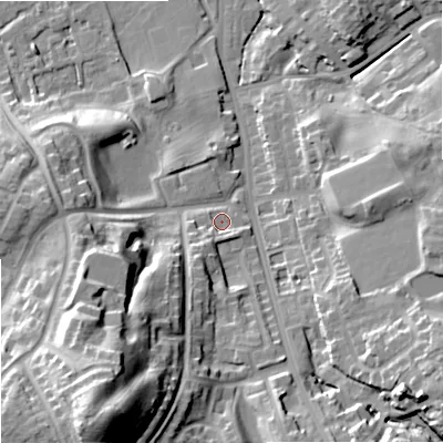 Shaded relief map of the ground around OL112AD, computed from Environment Agency LiDAR. The ground here sits at about 145 m above sea level and falls 46 m across the surrounding 800 m. Surface water reaching this point runs off ground lying to the south-south-west, 7.3 m higher.