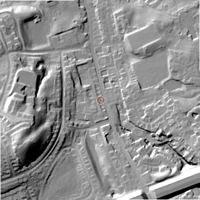 Shaded relief map of the ground around OL112AW, computed from Environment Agency LiDAR. The ground here sits at about 150 m above sea level and falls 44 m across the surrounding 800 m. Surface water reaching this point runs off ground lying to the south-south-east, 6.7 m higher.