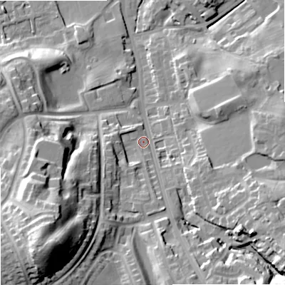 Shaded relief map of the ground around OL112EL, computed from Environment Agency LiDAR. The ground here sits at about 146 m above sea level and falls 45 m across the surrounding 800 m. Surface water reaching this point runs off ground lying to the south-east, 21.0 m higher.