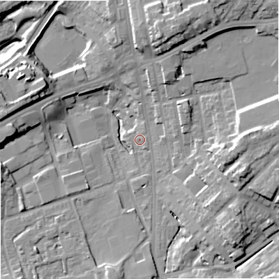 Shaded relief map of the ground around OL112EX, computed from Environment Agency LiDAR. The ground here sits at about 138 m above sea level and falls 23 m across the surrounding 800 m. Surface water reaching this point runs off ground lying to the east-south-east, 17.4 m higher.