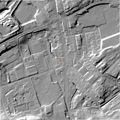 Shaded relief map of the ground around OL112HA, computed from Environment Agency LiDAR. The ground here sits at about 137 m above sea level and falls 22 m across the surrounding 800 m. Surface water reaching this point runs off ground lying to the east, 15.2 m higher.