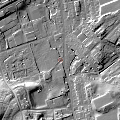 Shaded relief map of the ground around OL112HD, computed from Environment Agency LiDAR. The ground here sits at about 140 m above sea level and falls 30 m across the surrounding 800 m. Surface water reaching this point runs off ground lying to the south-west, 5.3 m higher.
