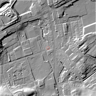 Shaded relief map of the ground around OL112HE, computed from Environment Agency LiDAR. The ground here sits at about 138 m above sea level and falls 24 m across the surrounding 800 m. Surface water reaching this point runs off ground lying to the south-east, 16.3 m higher.