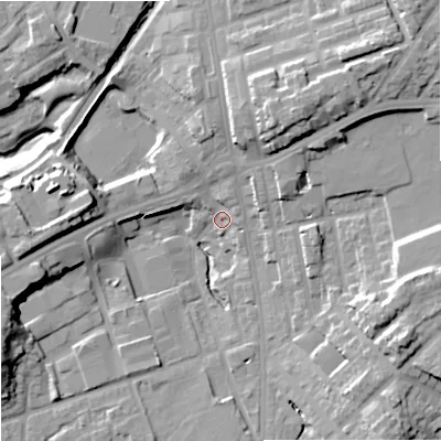 Shaded relief map of the ground around OL112JR, computed from Environment Agency LiDAR. The ground here sits at about 137 m above sea level and falls 23 m across the surrounding 800 m. Surface water reaching this point runs off ground lying to the north-east, 19.3 m higher.