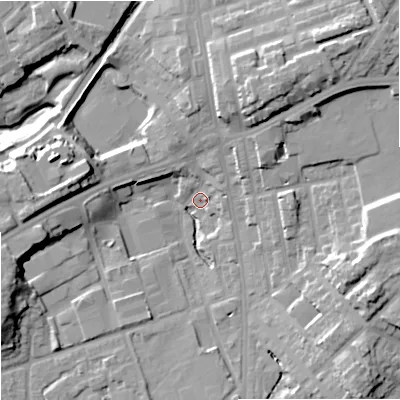 Shaded relief map of the ground around OL112JS, computed from Environment Agency LiDAR. The ground here sits at about 136 m above sea level and falls 23 m across the surrounding 800 m. Surface water reaching this point runs off ground lying to the north-east, 19.3 m higher.