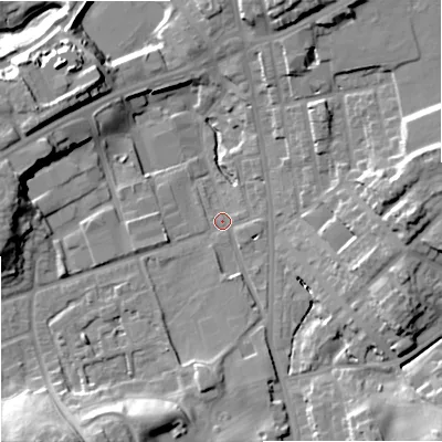 Shaded relief map of the ground around OL112JT, computed from Environment Agency LiDAR. The ground here sits at about 138 m above sea level and falls 25 m across the surrounding 800 m. Surface water reaching this point runs off ground lying to the south-east, 17.0 m higher.