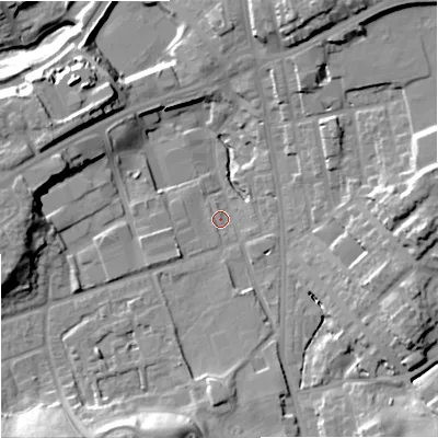Shaded relief map of the ground around OL112JX, computed from Environment Agency LiDAR. The ground here sits at about 137 m above sea level and falls 23 m across the surrounding 800 m. Surface water reaching this point runs off ground lying to the east, 17.5 m higher.