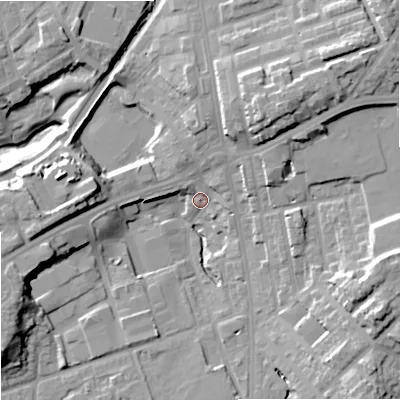 Shaded relief map of the ground around OL112JZ, computed from Environment Agency LiDAR. The ground here sits at about 137 m above sea level and falls 23 m across the surrounding 800 m. Surface water reaching this point runs off ground lying to the north-east, 19.3 m higher.