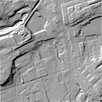 Shaded relief map of the ground around OL112LS, computed from Environment Agency LiDAR. The ground here sits at about 136 m above sea level and falls 24 m across the surrounding 800 m. Surface water reaching this point runs off ground lying to the north-east, 19.3 m higher.