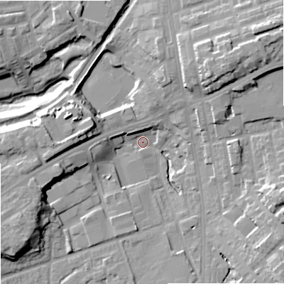 Shaded relief map of the ground around OL112SL, computed from Environment Agency LiDAR. The ground here sits at about 135 m above sea level and falls 24 m across the surrounding 800 m. Surface water reaching this point runs off ground lying to the north-east, 19.3 m higher.