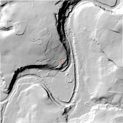 Shaded relief map of the ground around OL114AL, computed from Environment Agency LiDAR. The ground here sits at about 116 m above sea level and falls 48 m across the surrounding 800 m. Surface water reaching this point runs off ground lying to the north-west, 28.8 m higher.