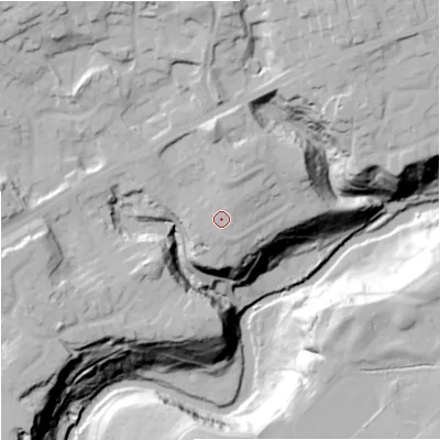 Shaded relief map of the ground around OL114AZ, computed from Environment Agency LiDAR. The ground here sits at about 138 m above sea level and falls 50 m across the surrounding 800 m. Surface water reaching this point runs off ground lying to the north-east, 5.0 m higher.