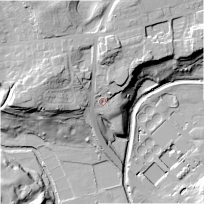 Shaded relief map of the ground around OL114DB, computed from Environment Agency LiDAR. The ground here sits at about 128 m above sea level and falls 41 m across the surrounding 800 m. Surface water reaching this point runs off ground lying to the north-east, 10.3 m higher.