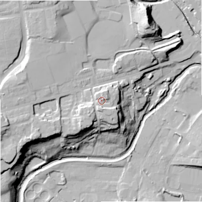 Shaded relief map of the ground around OL114ED, computed from Environment Agency LiDAR. The ground here sits at about 134 m above sea level and falls 37 m across the surrounding 800 m. Surface water reaching this point runs off ground lying to the south-south-west, 4.7 m higher.