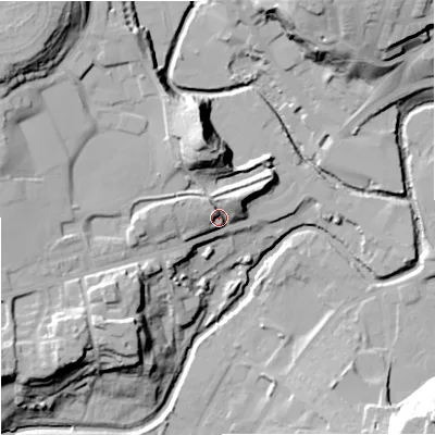 Shaded relief map of the ground around OL114EE, computed from Environment Agency LiDAR. The ground here sits at about 126 m above sea level and falls 37 m across the surrounding 800 m. Surface water reaching this point runs off ground lying to the north-east, 10.1 m higher.